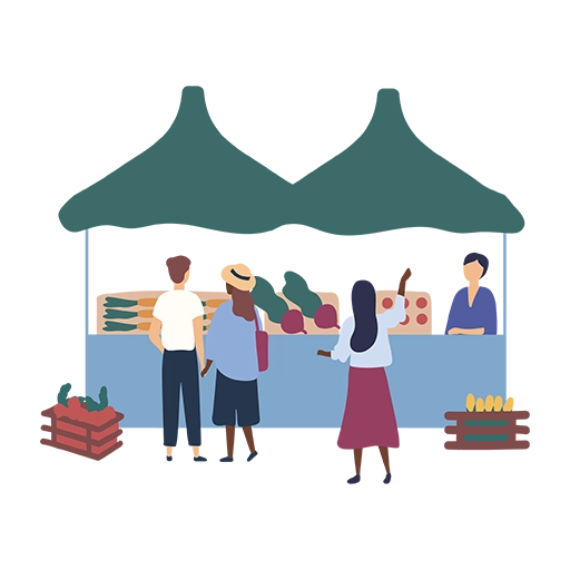 vector drawing of people at a market stall buying carrots, bread and tomatoes
